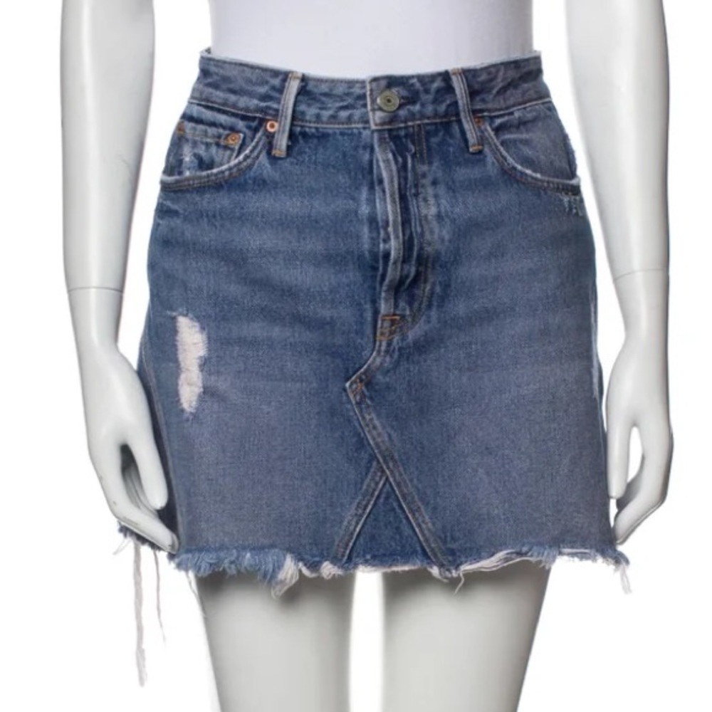 GRLFRND denim a-line‎ Skirt distressed frayed hem button fly high waist